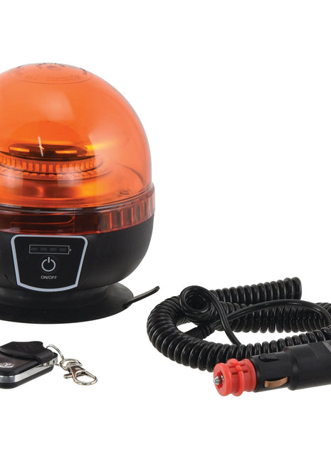 The Sparex LED Rechargeable Beacon (Amber), Interference Class 3, Magnetic, 12-24V - S.162709 comes with a black base, an IP65-rated coiled power cord, and a remote control.