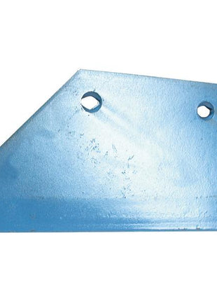 Photograph of a Sparex Share - LH, 14'' (355mm) (Overum), featuring a blue, metal agricultural blade with a triangular shape and two mounting holes. Sparex Part Number: S.162983.