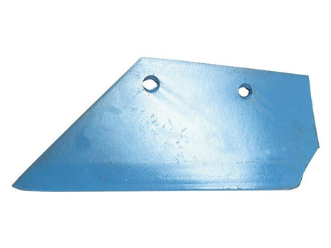 Photograph of a Sparex Share - LH, 14'' (355mm) (Overum), featuring a blue, metal agricultural blade with a triangular shape and two mounting holes. Sparex Part Number: S.162983.