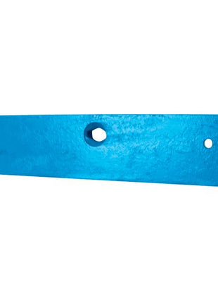 The Sparex Landside - RH (Overum) to fit as 94604 (Sparex Part Number: S.162986) is a blue, flat metal piece with an angled end and multiple holes of various sizes along its length, compatible with Vulcan Fasteners.