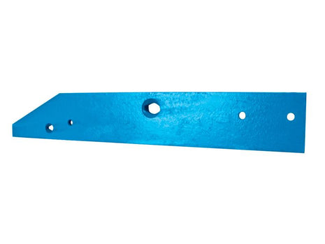 The Sparex Landside - RH (Overum) to fit as 94604 (Sparex Part Number: S.162986) is a blue, flat metal piece with an angled end and multiple holes of various sizes along its length, compatible with Vulcan Fasteners.