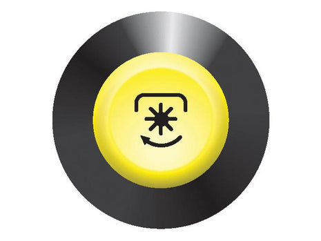 A PTO Switch (Sparex Part Number: S.163244) by Sparex, featuring a yellow button with a symbol of a camera with a flash and a curved arrow beneath it, set against a black circular background.