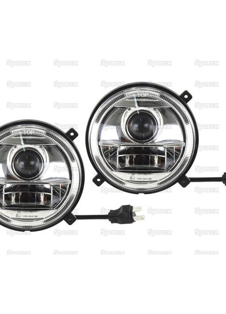 Product Description: *SPECIAL PRICE* - Massey Ferguson LED Head Light Kit, Interference: Class 3, RH & LH (LH Dip), 1560 - 2760 Lumens Raw, 10-30V - S.163618 by JMCE DEALS. The kit includes two round vehicle headlights with attached wiring and connectors. The background features a repetitive text pattern. If you have any questions before ordering, please contact us.