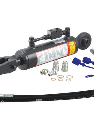 A Sparex Hydraulic Levelling Box, supplied with hoses and featuring ball end fittings (Ø 22mm), a fork hole (Ø 29x60mm), a minimum length of 660mm, an 80mm cylinder bore, and various small hardware components against a white background. This is identified by the Sparex Part Number S.163763.