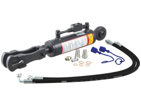 A Sparex Hydraulic Levelling Box, with an 80mm cylinder bore and a fork hole measuring 29x60mm, comes supplied with hoses and connectors arranged in front of it.