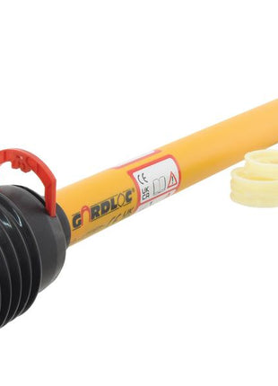 The PTO Guard - GARDLOC in the small size (Lz Length: 950mm), a yellow mechanical part with black fittings on both ends and red handles, is accompanied by three white rings. This product is from the German Series and can be identified with Sparex Part Number S.163810.