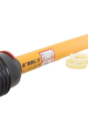 A *SPECIAL PRICE* - PTO Guard from the GARDLOC Italian Series, by JMCE DEALS, measuring 950mm in length and classified as a Large Guard (Sparex Part Number: S.163812), featuring yellow flexible pipe connectors with black corrugated ends and red safety clips, complete with a label displaying technical specifications and safety icons.