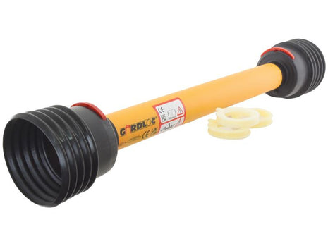 A *SPECIAL PRICE* - PTO Guard from the GARDLOC Italian Series, by JMCE DEALS, measuring 950mm in length and classified as a Large Guard (Sparex Part Number: S.163812), featuring yellow flexible pipe connectors with black corrugated ends and red safety clips, complete with a label displaying technical specifications and safety icons.