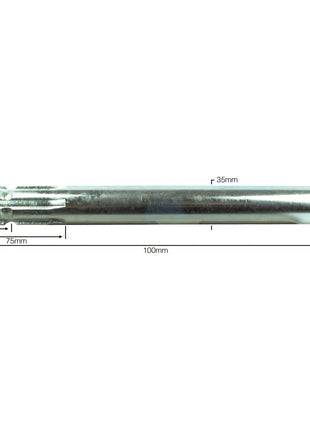 A Sparex PTO splined shaft (Part No. S.16383) features precise measurements, including a 35mm diameter and a 100mm length. This shaft is marked with additional measurements of 38mm and 19mm at both ends along with a standard fitting of 1-3/8'' - 6 spline, making it ideal for various applications.