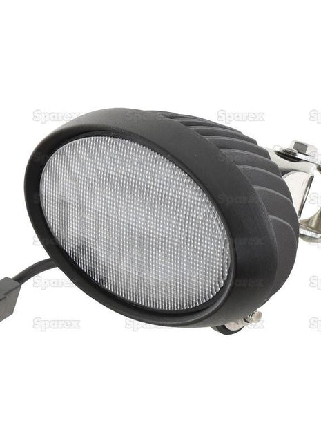 Sparex Massey Ferguson LED Work Light, featuring a black oval design with a textured lens and mounting bracket, complete with a cable and dual-pin connector. This Class 5 interference light delivers 4500 raw lumens and operates within 10-30V. Product reference: S.163906.