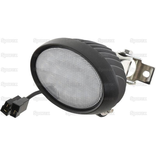 Sparex Massey Ferguson LED Work Light, featuring a black oval design with a textured lens and mounting bracket, complete with a cable and dual-pin connector. This Class 5 interference light delivers 4500 raw lumens and operates within 10-30V. Product reference: S.163906.