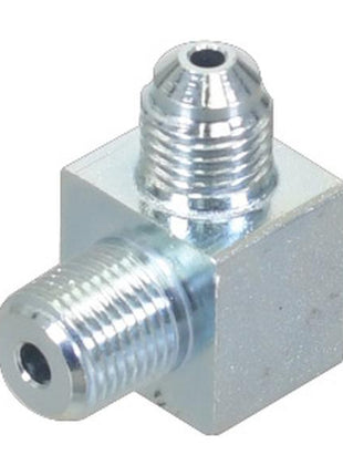 A metallic, silver-colored T-shaped adapter with threaded openings designed for connecting pipes or tubes, commonly used in Sparex applications such as the Oil Pressure Elbow by Massey Ferguson.