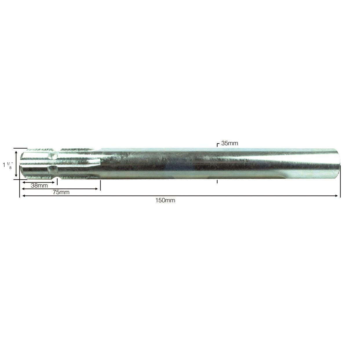A product resembling a cylindrical metal rod with measurement annotations along its 150mm length and a 35mm diameter is the PTO Splined Shaft - One End - 1 3/8'' - 6 Spline from Sparex, known as Sparex Part No.S.16426.