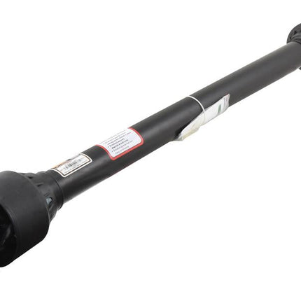 A black cylindrical drive shaft with connectors on both ends, designed for mechanical use and labeled with a product tag. This versatile component is part of the Sparex PTO Series and features precise universal joint dimensions. Officially named the Sparex PTO Shaft (Lz) Length: 860mm, 1 3/8'' x 6 Spline Q.R. to 1 3/8'' x 6 Spline Q.R., it carries the Sparex Part Number S.164272.