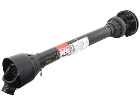 A black mechanical component tube with multiple attachments and warning labels, featuring the robust design of the Sparex PTO Shaft (Part Number: S.164294) - Length: 1010mm, 1 3/8'' x 6 spline quick release to 1 3/8'' x 6 spline friction disc clutch.