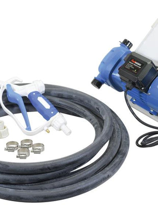 The FuelWorks - AdBlue IBC Transfer Kit by Sparex, with part number S.164421, includes a delivery hose, spray gun, nozzle attachments, hose clamps, and an electrical power cable for consistent flow rate (230V, UK Plug).