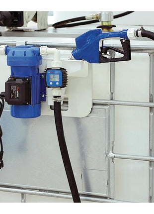 Image of the Sparex FuelWorks - AdBlue IBC Transfer Kit with Flow Meter, fixed to a large metal storage container, equipped with delivery hoses and dispensing nozzles.