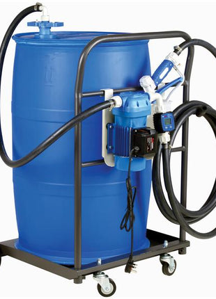 The Sparex FuelWorks - AdBlue Mobile Drum Pump Kit, featuring a blue plastic drum mounted on a wheeled metal frame, comes equipped with a manual nozzle, flow meter, pump, delivery hose, and additional hoses. This 230V kit (UK Plug) is perfect for handling UREA/DEF. Sparex Part Number: S.164427.