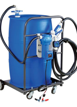 The Sparex FuelWorks AdBlue Mobile Drum Pump Kit (Sparex Part Number: S.164429) includes a blue industrial drum mounted on a wheeled cart, and is equipped with a 12V pump, delivery hose, and flow meter for precise liquid transfer of UREA/DEF.