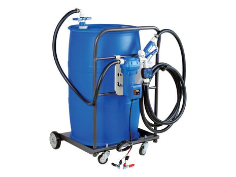 The Sparex FuelWorks AdBlue Mobile Drum Pump Kit (Sparex Part Number: S.164429) includes a blue industrial drum mounted on a wheeled cart, and is equipped with a 12V pump, delivery hose, and flow meter for precise liquid transfer of UREA/DEF.