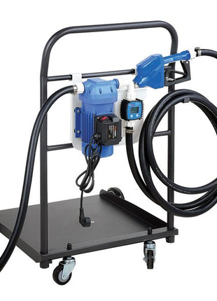 The FuelWorks - AdBlue Mobile Drum Pump Kit by Sparex, featuring an integrated electric pump, hose, and automatic nozzle with a DEF system and flow meter, is conveniently mounted on a wheeled frame for easy transport and use. (Sparex Part Number: S.164430)