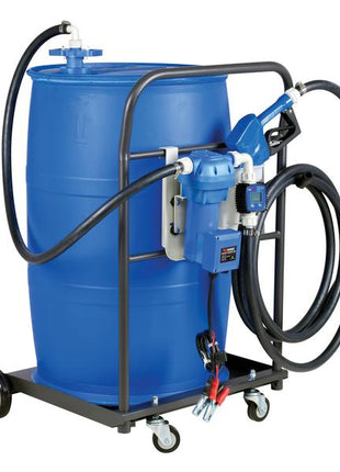 The Sparex FuelWorks - AdBlue Mobile Drum Pump Kit with 12V plug includes a blue industrial barrel on a wheeled cart, complete with a pump, hoses, and an automatic nozzle supplied with a flow meter for dispensing UREA/DEF liquid. (Sparex Part Number: S.164432)