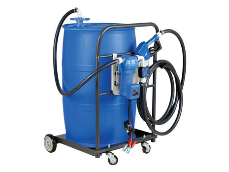 The Sparex FuelWorks - AdBlue Mobile Drum Pump Kit with 12V plug includes a blue industrial barrel on a wheeled cart, complete with a pump, hoses, and an automatic nozzle supplied with a flow meter for dispensing UREA/DEF liquid. (Sparex Part Number: S.164432)