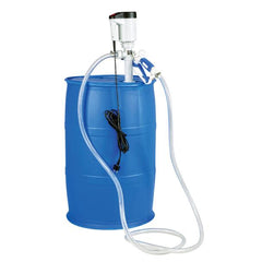 A 200-liter blue drum equipped with a Sparex FuelWorks - AdBlue Barrel Pump and Motor, 230V, (UK Plug), Part Number: S.164434, featuring an attached UREA/DEF Delivery Hose.