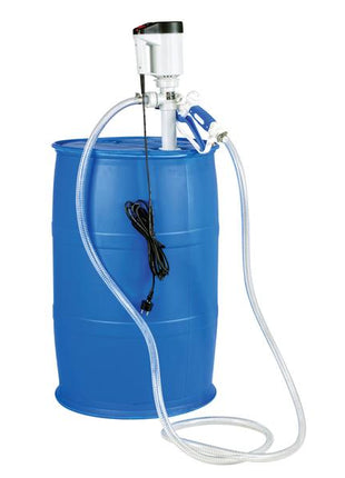 A 200-liter blue drum equipped with a Sparex FuelWorks - AdBlue Barrel Pump and Motor, 230V, (UK Plug), Part Number: S.164434, featuring an attached UREA/DEF Delivery Hose.