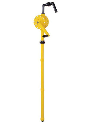 A yellow Sparex FuelWorks - AdBlue Rotary Manual Pump (Sparex Part Number: S.164436) with a black handle and nozzle, designed for manual fluid transfer, features a reliable rotary seal.