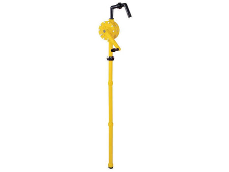 A yellow Sparex FuelWorks - AdBlue Rotary Manual Pump (Sparex Part Number: S.164436) with a black handle and nozzle, designed for manual fluid transfer, features a reliable rotary seal.