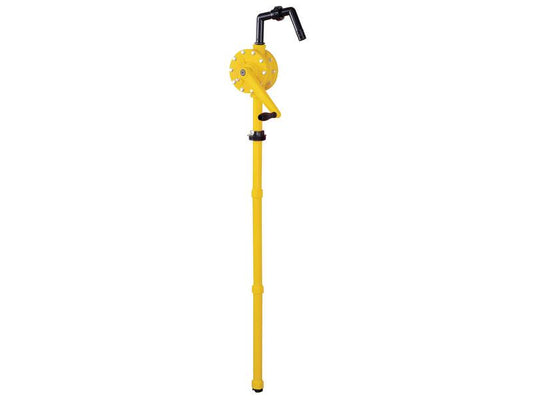 A yellow Sparex FuelWorks - AdBlue Rotary Manual Pump (Sparex Part Number: S.164436) with a black handle and nozzle, designed for manual fluid transfer, features a reliable rotary seal.
