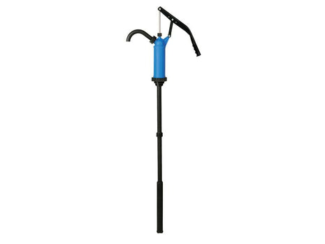 A description against a white background depicts the FuelWorks - AdBlue Lever Manual Pump, Sparex Part Number S.164437—a blue manual hand pump featuring a black handle and a long black hose attachment, ideal for transferring water.