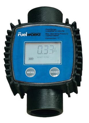 The Digital Meter (Suitable for AdBlue) by Sparex, identifiable with the part number S.164439, includes a blue display indicating a flow rate of 0.33 liters. This device from Sparex features menu and reset buttons and can measure up to 100 liters per minute.