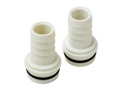 Two FuelWorks AdBlue Plastic Fittings by Sparex, featuring ribbed hose tail connectors and black rubber rings near the base, perfect for seamless attachments.