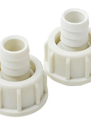 Two FuelWorks - AdBlue Plastic Fittings from Sparex, featuring ribbed hose inserts and threaded bases, are placed side by side on a white background, showcasing precise thread size compatibility.