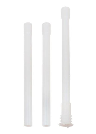 Three transparent plastic tubes of varying lengths are positioned vertically against a white background, resembling components one might find under the Tariff Code 8413910090 from FuelWorks - AdBlue Suction Tube (Sparex Part Number: S.164447).