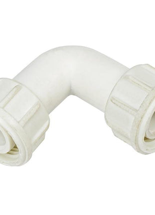 The Sparex FuelWorks - AdBlue Plastic Fitting, 90° Elbow (Sparex Part Number: S.164448) is a white plastic plumbing elbow fitting with two 1" Thread BSP ends, designed for connecting pipes at a 90° angle.