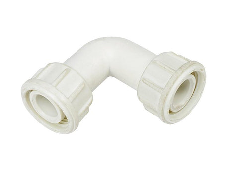 The Sparex FuelWorks - AdBlue Plastic Fitting, 90° Elbow (Sparex Part Number: S.164448) is a white plastic plumbing elbow fitting with two 1" Thread BSP ends, designed for connecting pipes at a 90° angle.