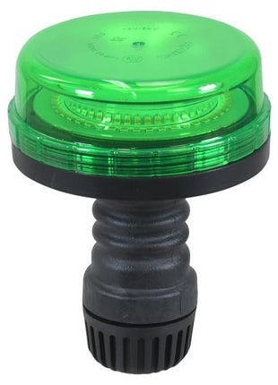 The Sparex LED Rotating Beacon (Green), featuring a cylindrical black base and translucent cover, is ultra-compact and commonly used for signaling or as an indicator. It boasts an IP65 rating for added durability and operates at 12/24V using a flexible pin design (Sparex Part Number: S.164765).