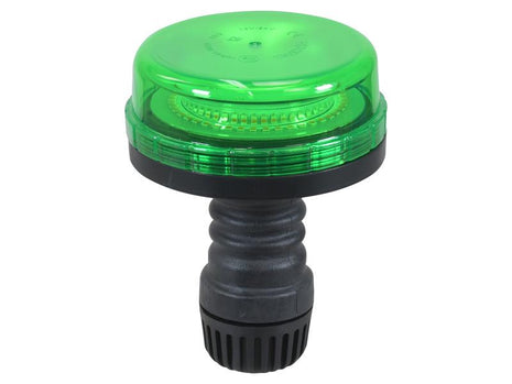 The Sparex LED Rotating Beacon (Green), featuring a cylindrical black base and translucent cover, is ultra-compact and commonly used for signaling or as an indicator. It boasts an IP65 rating for added durability and operates at 12/24V using a flexible pin design (Sparex Part Number: S.164765).