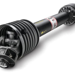 A black automotive drive shaft with protective rubber boots on both ends lies against a white background. This component, the Bondioli & Pavesi PTO Shaft (S.165135) by Sparex, features a length of 1210mm and quick-release 1 3/8'' x 6 spline connections on both ends, ensuring reliable performance for various applications with its 16 HP rating.

