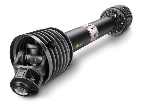 A black automotive drive shaft with protective rubber boots on both ends lies against a white background. This component, the Bondioli & Pavesi PTO Shaft (S.165135) by Sparex, features a length of 1210mm and quick-release 1 3/8'' x 6 spline connections on both ends, ensuring reliable performance for various applications with its 16 HP rating.

