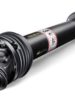 A black mechanical driveshaft with protective coverings and caution labels on its cylindrical body, featuring Bondioli & Pavesi's Universal Joint Dimensions for precision fit, now available as the Sparex Bondioli & Pavesi PTO Shaft - (Lz) Length: 1210mm, 1 3/8'' x 6 Spline Q.R. to 1 3/8'' x 6 Spline Q.R., under Sparex Part Number: S.165139.