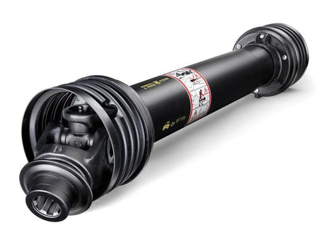 A black mechanical driveshaft with protective coverings and caution labels on its cylindrical body, featuring Bondioli & Pavesi's Universal Joint Dimensions for precision fit, now available as the Sparex Bondioli & Pavesi PTO Shaft - (Lz) Length: 1210mm, 1 3/8'' x 6 Spline Q.R. to 1 3/8'' x 6 Spline Q.R., under Sparex Part Number: S.165139.