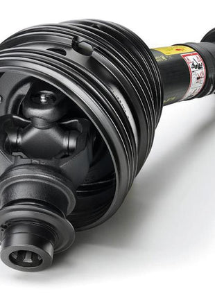 Close-up view of a Sparex Bondioli & Pavesi PTO Shaft - Wide Angle - One End, used in the transmission of mechanical power in vehicles and machinery. Featuring a 70 HP rating, this component measures 1210mm in length and has a 1 3/8'' x 6 spline connection with an 80° wide angle to a quick-release fitting. Sparex Part Number: S.165145.