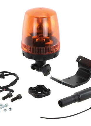 The Beacon Kit (Halogen) with Flexible Pin, 12V by Sparex (Sparex Part Number: S.165222), featuring a rotating housing, mounting hardware, an amber lens, and various accessories, laid out on a white background.