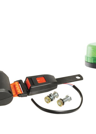 A green, rotating LED Beacon Light, a seatbelt buckle with strap, and two metallic bolts with washers from the Sparex LED Beacon & Seat Belt Kit (Sparex Part Number: S.165464) are arranged on a white surface.