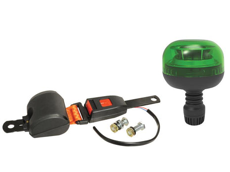 The LED Beacon & Seat Belt Kit, with Class 1 interference and flexible pin, features a seat belt assembly and green LED safety light housed in durable polycarbonate, including additional mounting bolts. Available under Sparex Part Number S.165465 by Sparex, it supports both 12V and 24V systems.