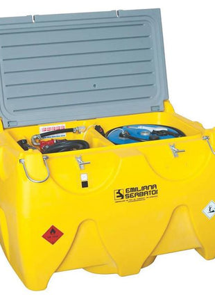 The Carrytank Transport Tank (Sparex Part Number: S.165886) is a bright yellow 1000-litre fuel storage container with a gray lid, designed to house fuel pumps and hoses inside. Labeled "EMILIANA SERBATOI" and featuring safety hazard symbols, it’s ideal for safely storing 900L of Diesel and 100L of AdBlue.